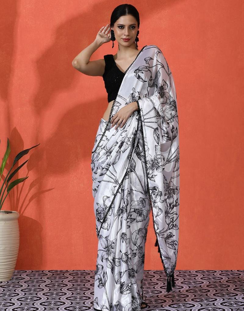 White embellished floral printed digital printed satin saree with blouse piece