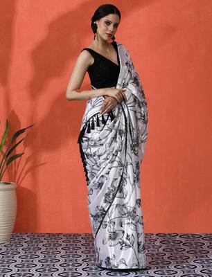 White embellished floral printed digital printed satin saree with blouse piece 2