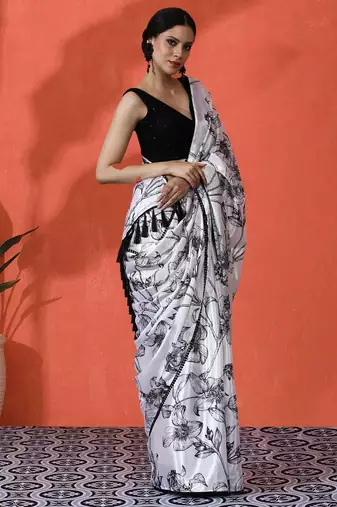 White embellished floral printed digital printed satin saree with blouse piece