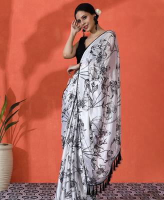 White embellished floral printed digital printed satin saree with blouse piece 3
