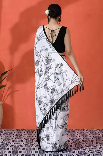White embellished floral printed digital printed satin saree with blouse piece