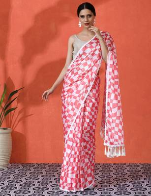 Red embellished floral printed digital printed satin saree with blouse piece 1