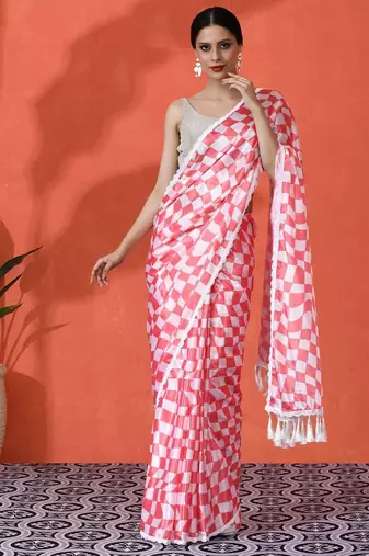 Red embellished floral printed digital printed satin saree with blouse piece