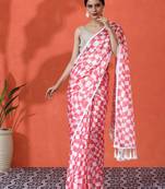 Red embellished floral printed digital printed satin saree with blouse piece