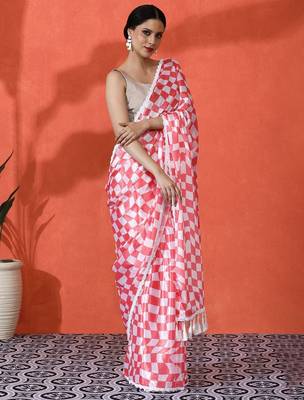 Red embellished floral printed digital printed satin saree with blouse piece 2