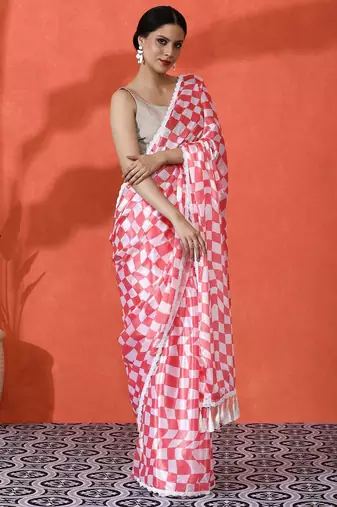Red embellished floral printed digital printed satin saree with blouse piece