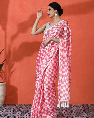 Red embellished floral printed digital printed satin saree with blouse piece 3