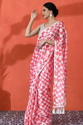 Red embellished floral printed digital printed satin saree with blouse piece