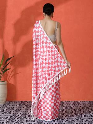 Red embellished floral printed digital printed satin saree with blouse piece 4