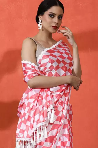 Red embellished floral printed digital printed satin saree with blouse piece