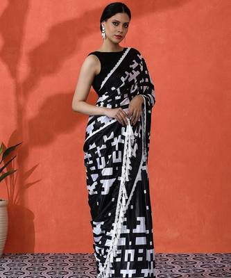 Black embellished abstract printed digital printed satin saree with blouse piece 1