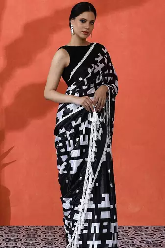 Black embellished abstract printed digital printed satin saree with blouse piece