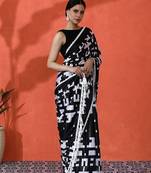 Black embellished abstract printed digital printed satin saree with blouse piece