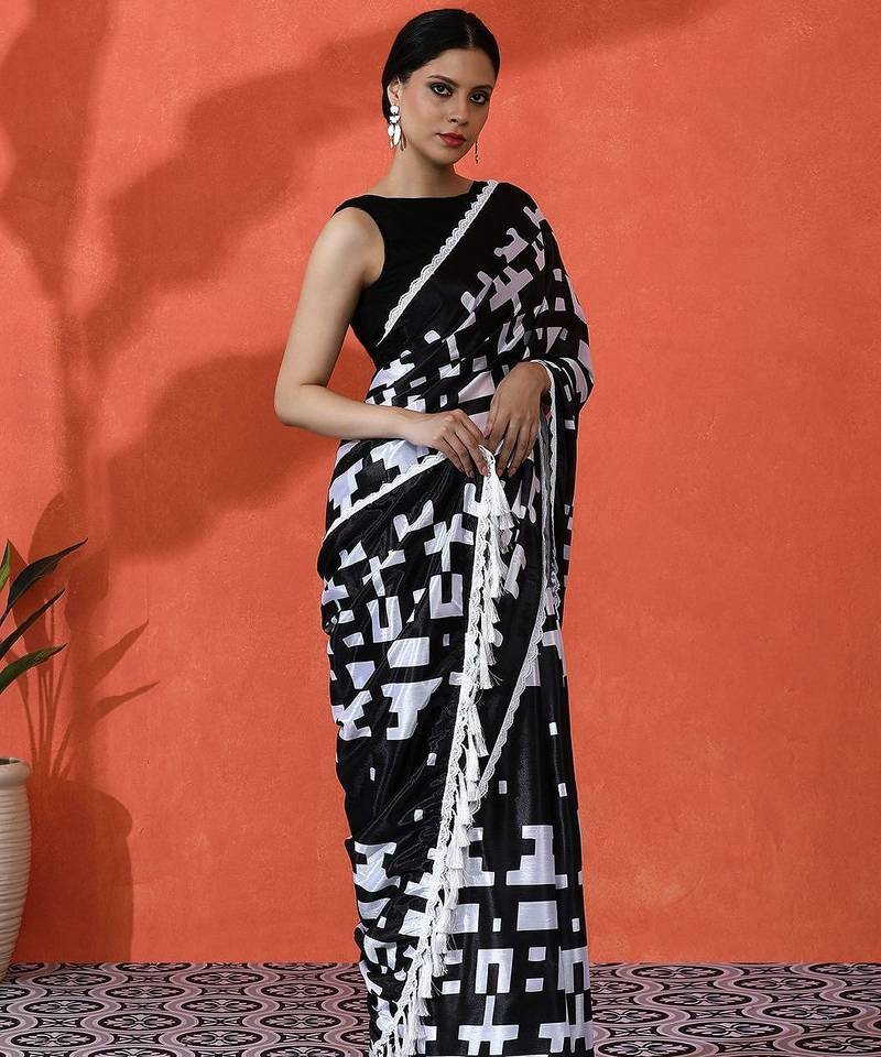 Black embellished abstract printed digital printed satin saree with blouse piece