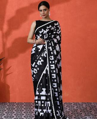 Black embellished abstract printed digital printed satin saree with blouse piece 2