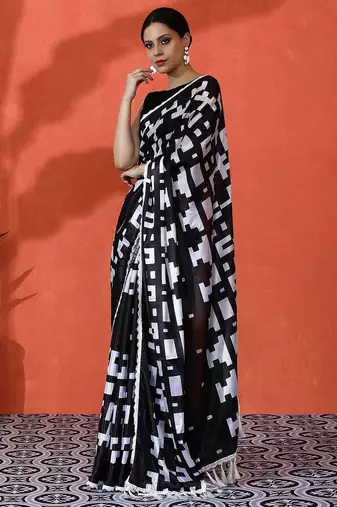 Black embellished abstract printed digital printed satin saree with blouse piece