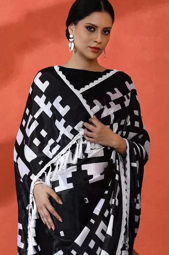 Black embellished abstract printed digital printed satin saree with blouse piece