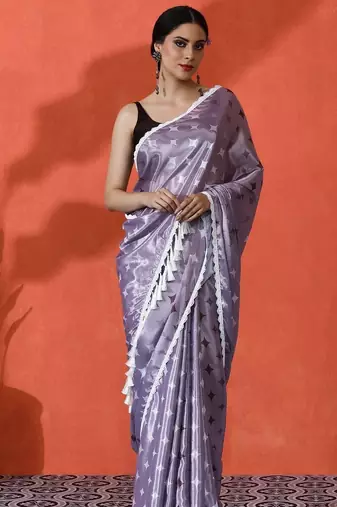 Lavender embellished floral printed digital printed satin saree with blouse piece