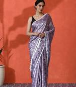 Lavender embellished floral printed digital printed satin saree with blouse piece