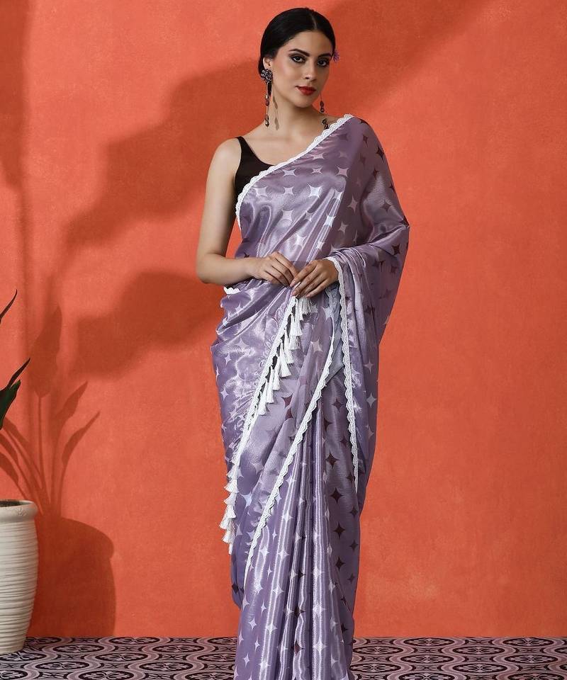 Lavender embellished floral printed digital printed satin saree with blouse piece