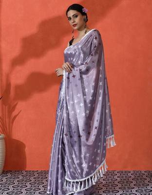 Lavender embellished floral printed digital printed satin saree with blouse piece 2