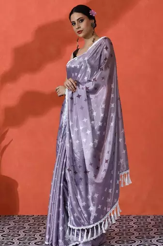 Lavender embellished floral printed digital printed satin saree with blouse piece