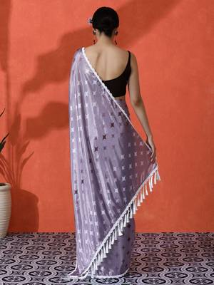 Lavender embellished floral printed digital printed satin saree with blouse piece 3