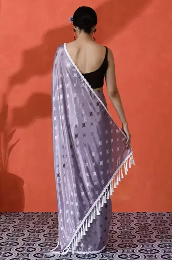 Lavender embellished floral printed digital printed satin saree with blouse piece