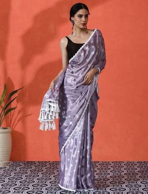 Lavender embellished floral printed digital printed satin saree with blouse piece 4