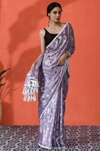 Lavender embellished floral printed digital printed satin saree with blouse piece