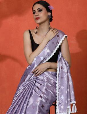 Lavender embellished floral printed digital printed satin saree with blouse piece 5