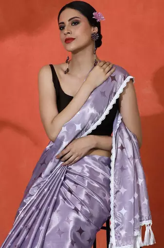 Lavender embellished floral printed digital printed satin saree with blouse piece