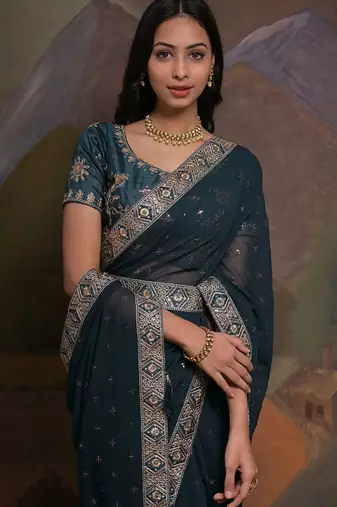 Teal georgette sequinned embellished saree