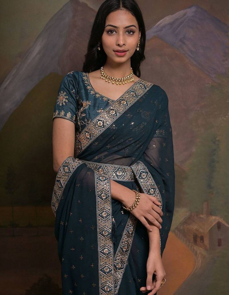 Teal georgette sequinned embellished saree