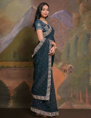 Teal georgette sequinned embellished saree 2