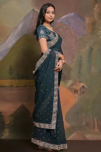 Teal georgette sequinned embellished saree