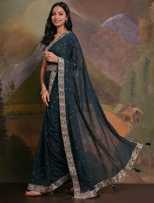 Teal georgette sequinned embellished saree 3
