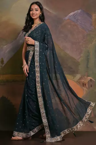 Teal georgette sequinned embellished saree