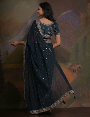 Teal georgette sequinned embellished saree 4