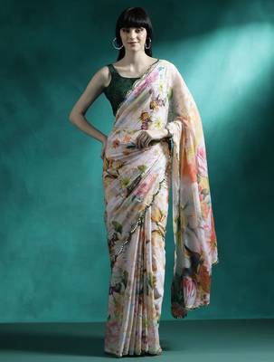 White printed mirror work saree with blouse 1