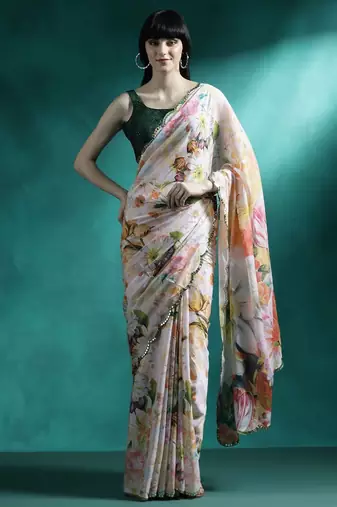 White printed mirror work saree with blouse