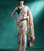 White printed mirror work saree with blouse