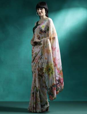 White printed mirror work saree with blouse 2