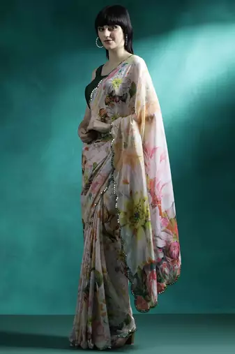 White printed mirror work saree with blouse