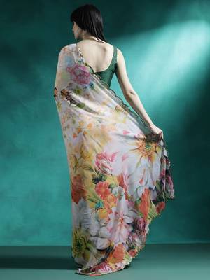 White printed mirror work saree with blouse 3