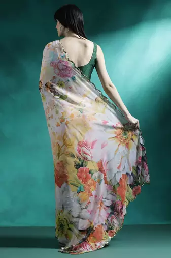 White printed mirror work saree with blouse
