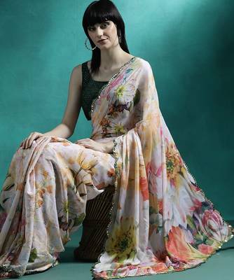 White printed mirror work saree with blouse 4