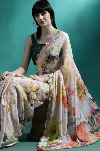 White printed mirror work saree with blouse