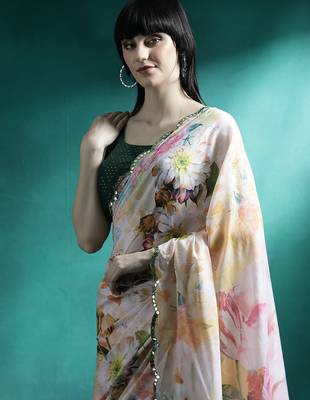 White printed mirror work saree with blouse 5