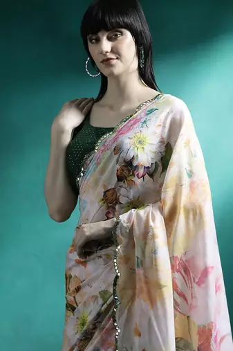 White printed mirror work saree with blouse